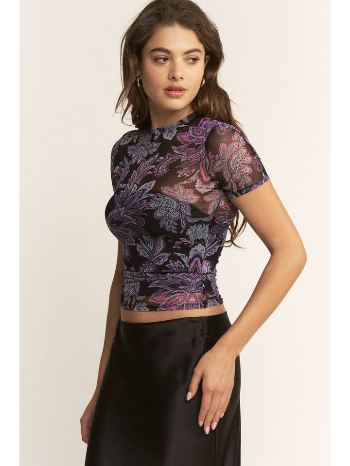 YNEZ - Wholesale Blouse - Women's - Boho Paisley Crew Neck Mesh Dressy Cocktail Top Tee14