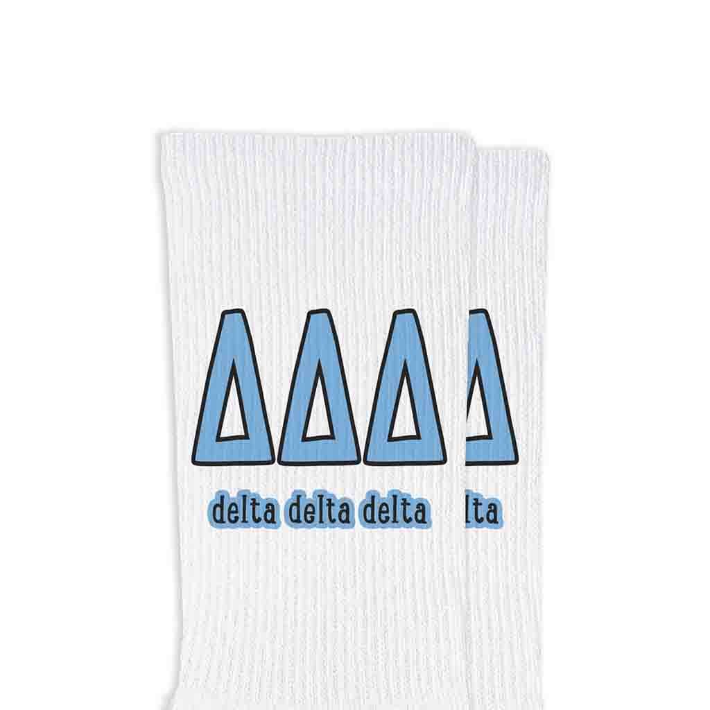 White Sorority Crew Socks with Name and Letters in Sorority Colors for wholesale on Faire9