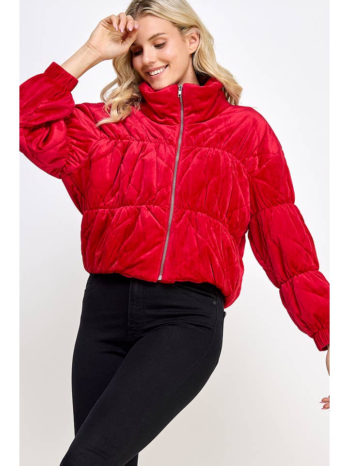 Sweet Lemon - Wholesale Puffer Jacket - Women's - VELVET TEXTURED QUILTED PUFFER JACKET