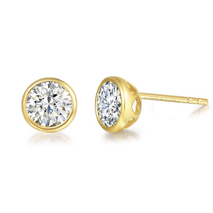 FANCIME Moissanite Bezel Set 14K Yellow Gold Stud Earrings for wholesale by Fanci Me Jewelry