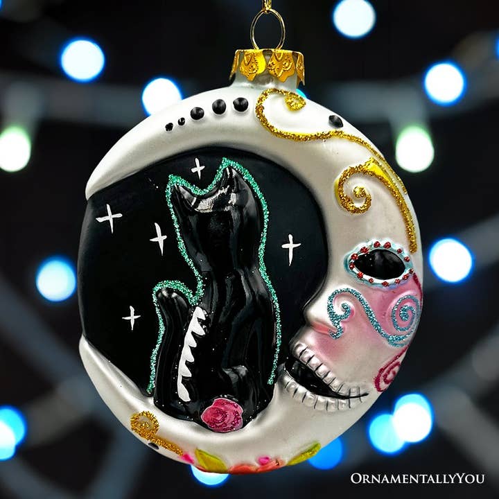 OrnamentallyYou - Wholesale Ornament - Folkloric Siamese Cat Sugar Skull Glass Ornament4