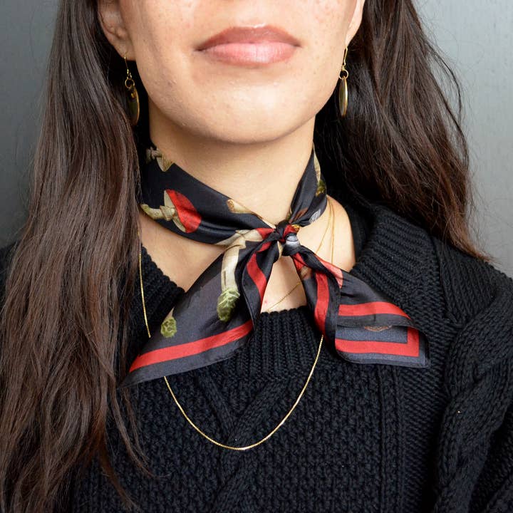 Curious Prints - Wholesale Scarf - Women's - 100% Silk Scarf Vintage Black Mushroom Bandana 17x17
