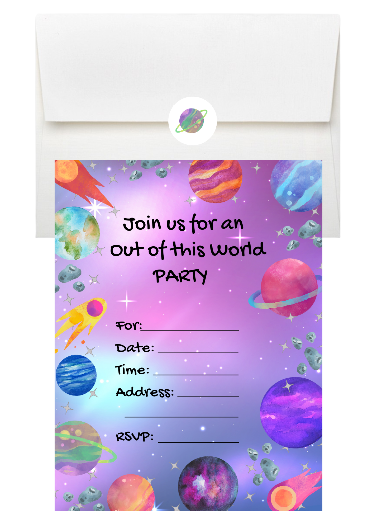 LM Studioz - Wholesale Invitations - Space Party Invitations comes with Envelopes and Stickers1