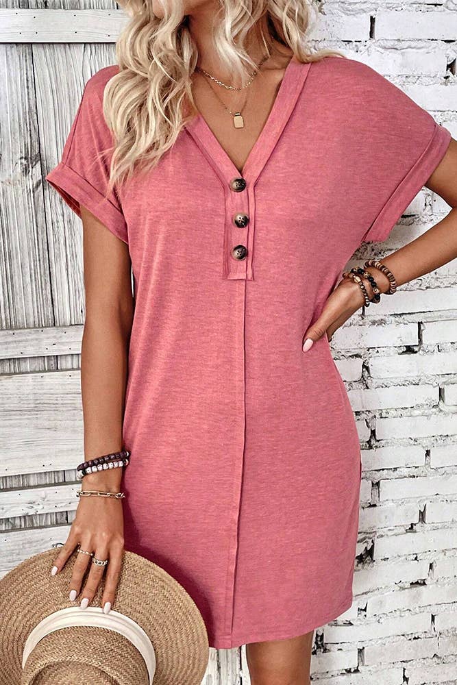 UNISHE - Wholesale Dress – Women's - Plain V Neck Buttoned Exposed Seam T-Shirt Dress AXR09522