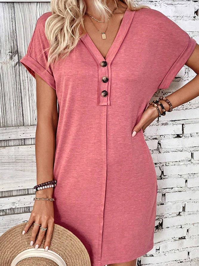 UNISHE - Wholesale Dress – Women's - Plain V Neck Buttoned Exposed Seam T-Shirt Dress AXR09522