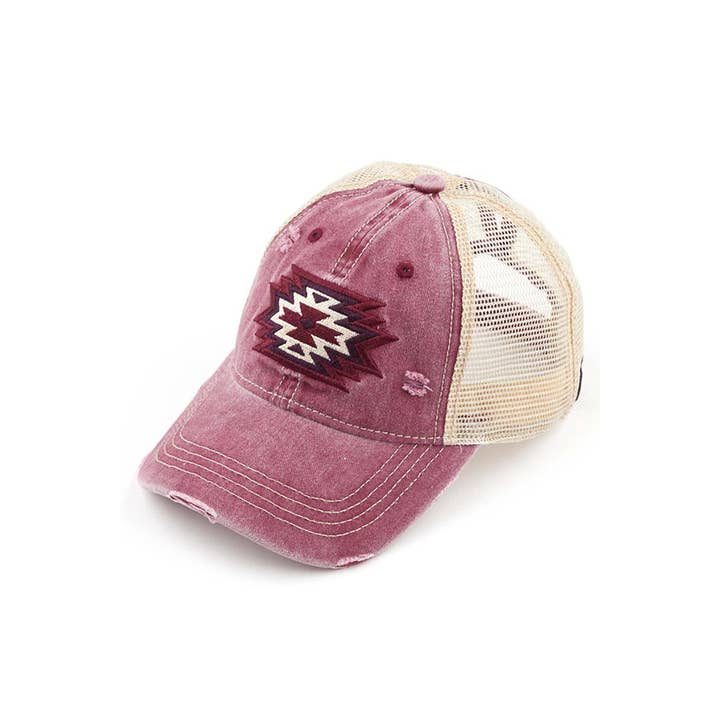 Hana - Wholesale Ponytail Cap - Women's - C.C Aztec Patch Embroidery Mesh Pony Cap