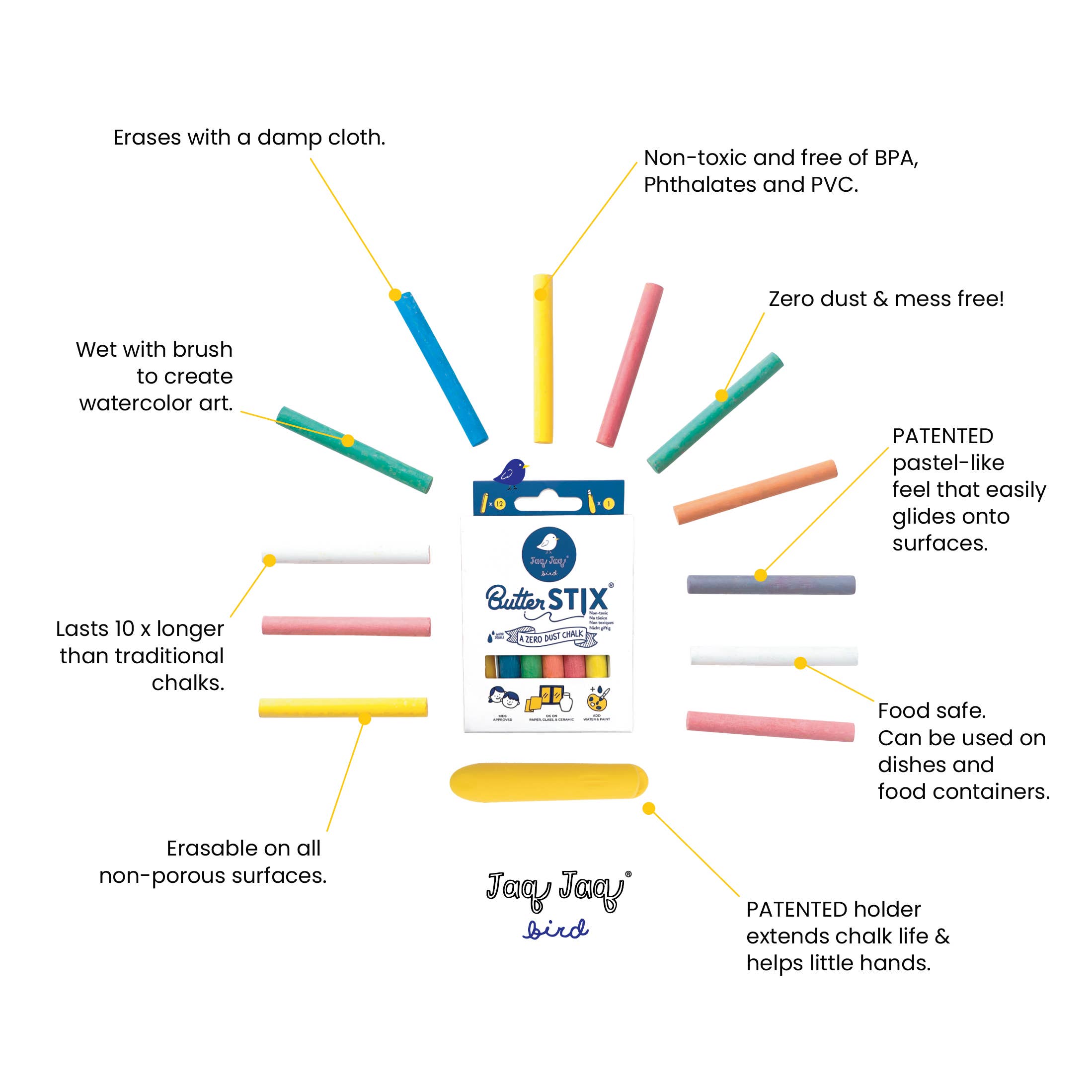 Jaq Jaq Bird – wholesale Chalk – ButterStix® - Dustless Chalk Colors with Holder 12 pcs6