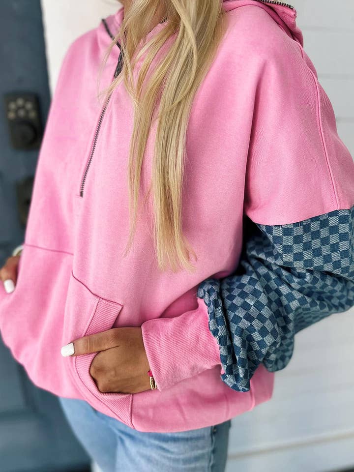 Lovesoft - Wholesale Hoodie – Women's - Checkered Patchwork Kangaroo Pocket Half Zipper Hoodie2