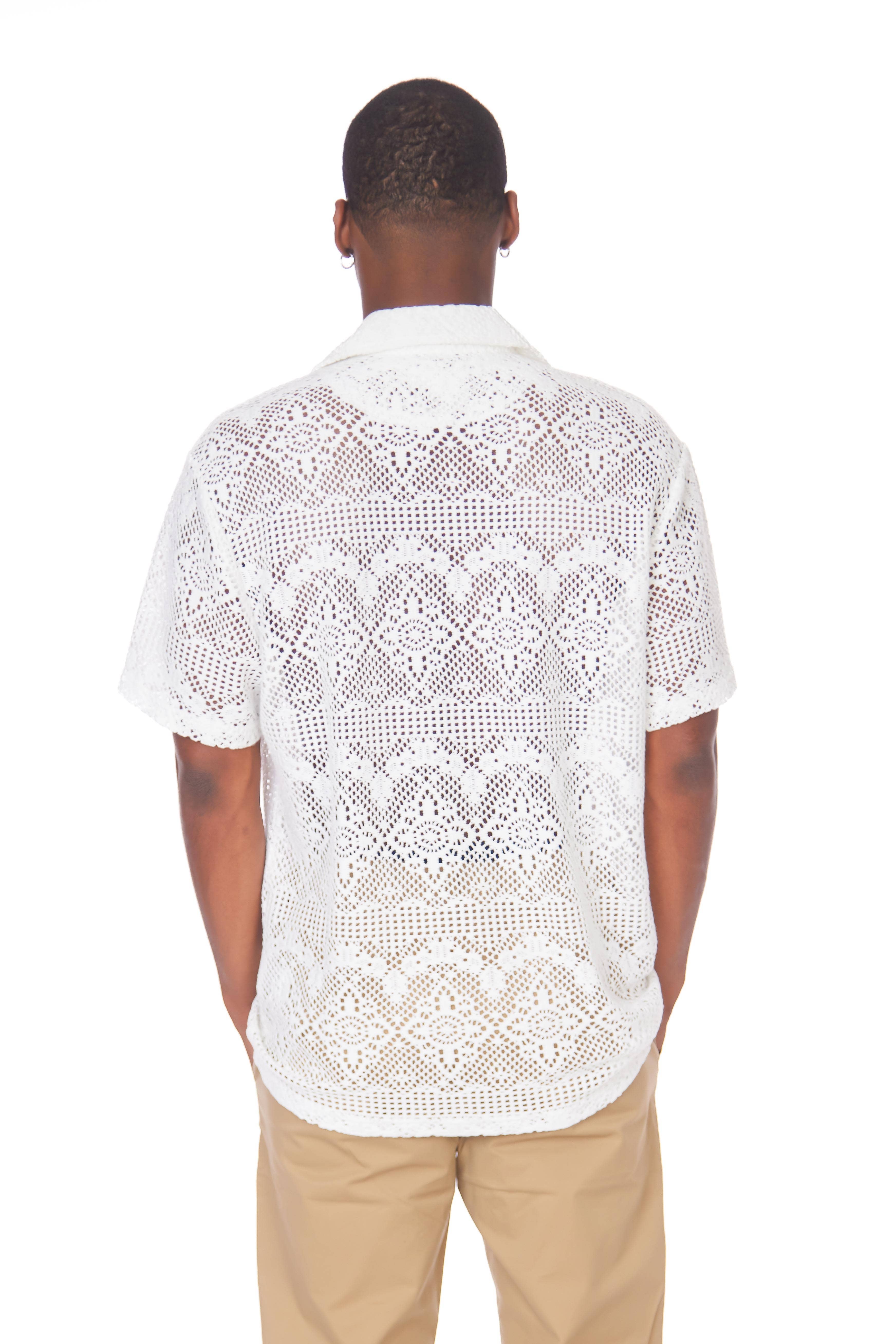  WHITE Crochet/Textured Short Sleeve Men's Shirt 4060 for wholesale on Faire1