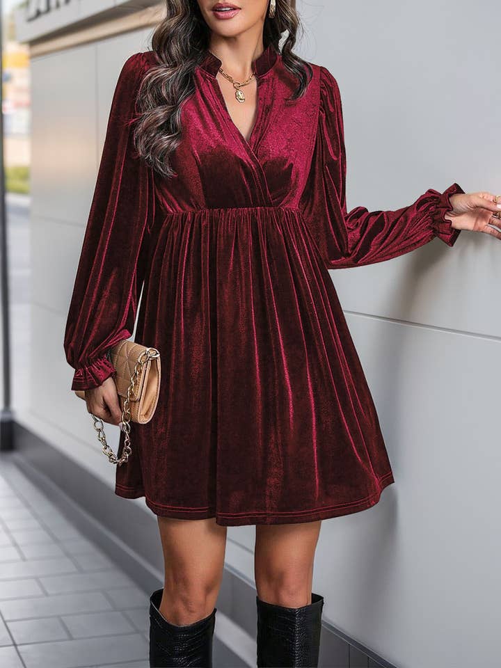 Velvet V-Neck Long-Sleeved Patchwork Dress for wholesale by Rosa Clothing