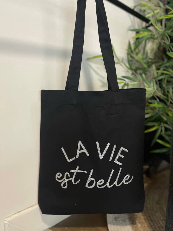 “Life is beautiful” black tote bag for wholesale by Toiles Chics