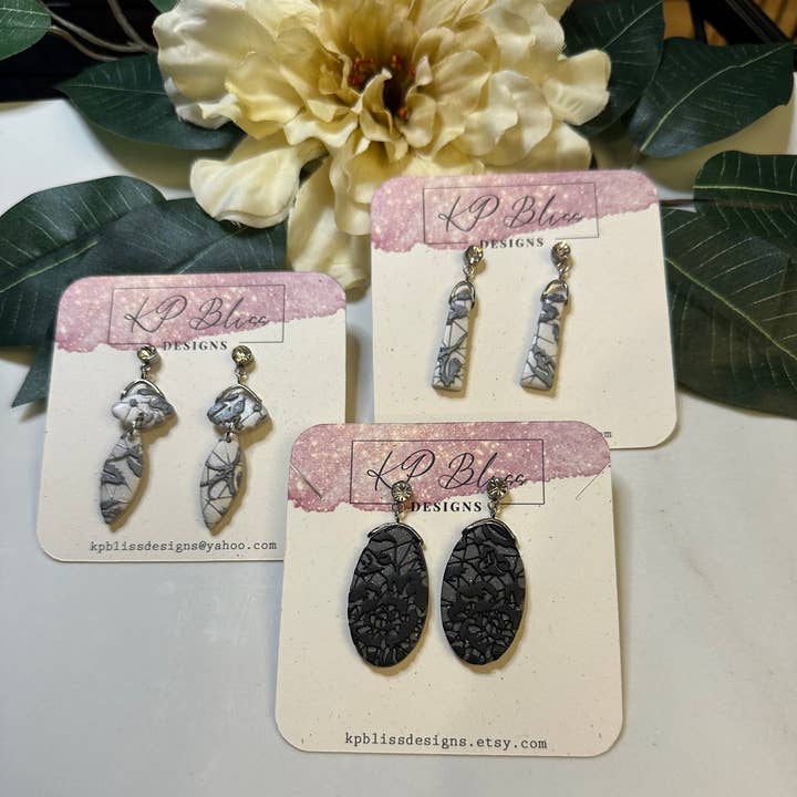 Metallic Gray Lace Design Polymer Clay Dangle Earring for wholesale by KP Bliss Designs