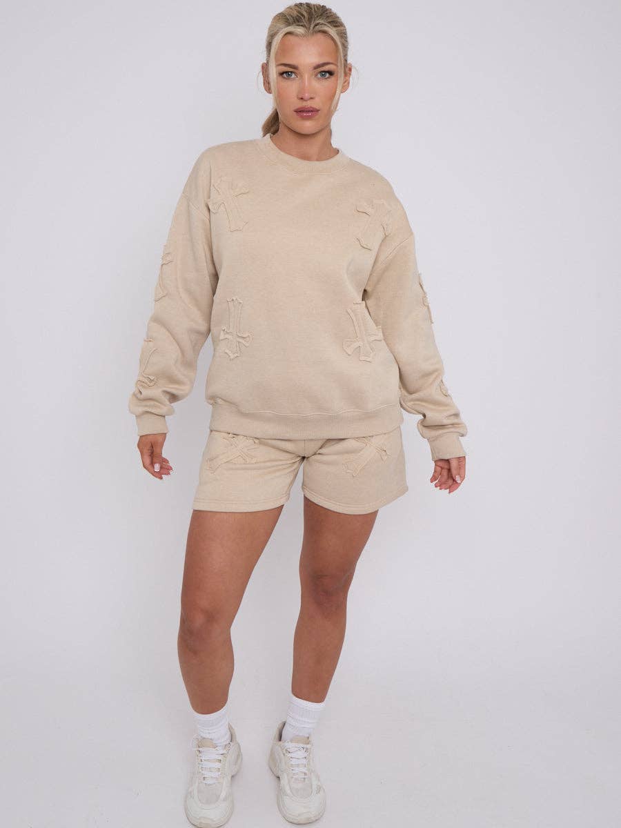 AX Labels - Wholesale Lounge Set - Women's - Crucifix Embroidered Sweatshirt & Shorts Fleece Co-ord21