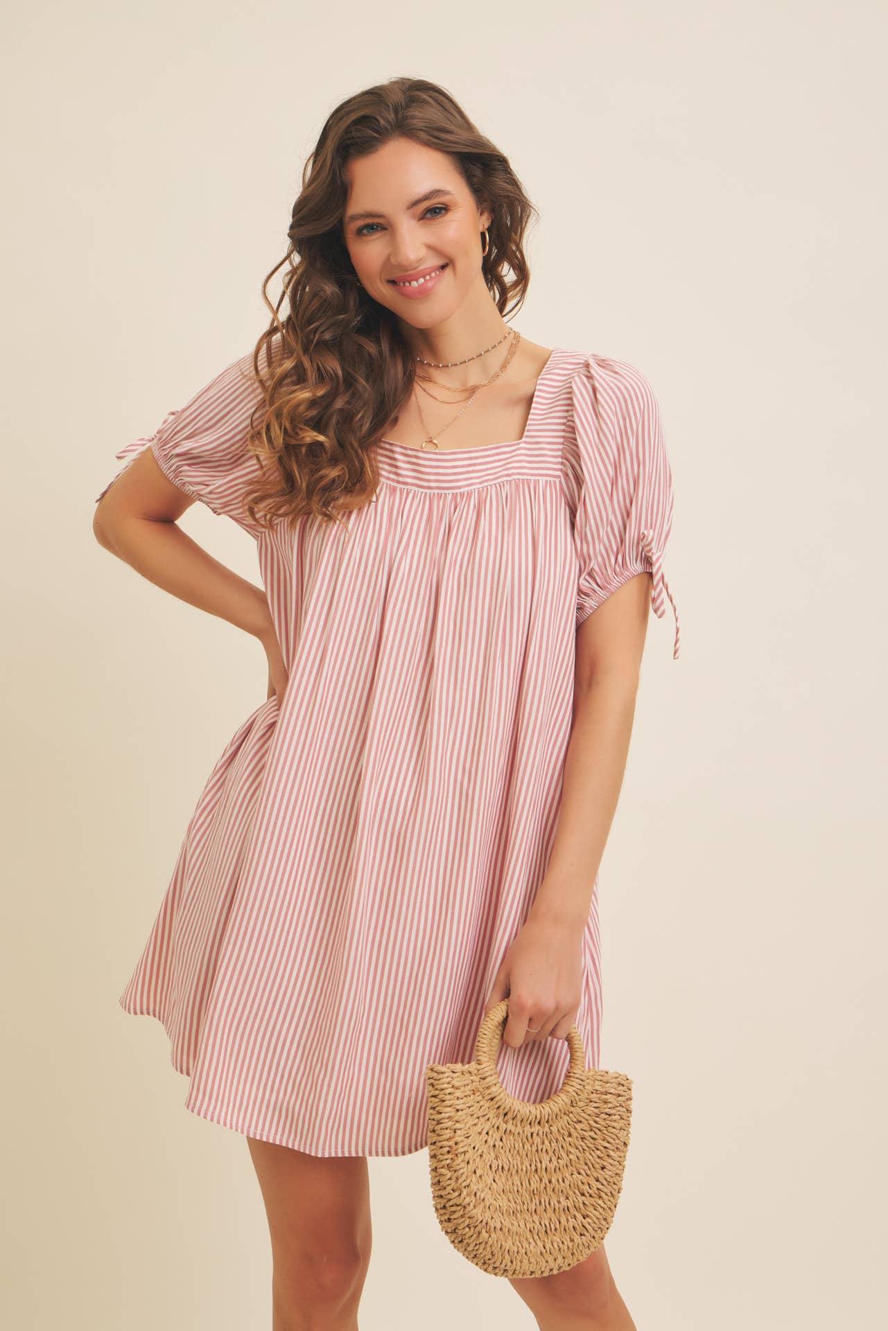in february - Wholesale Dress - Women's - SQUARE NECK STRIPE FLARE MINI DRESS WITH BOW ON THE SLEEVES0
