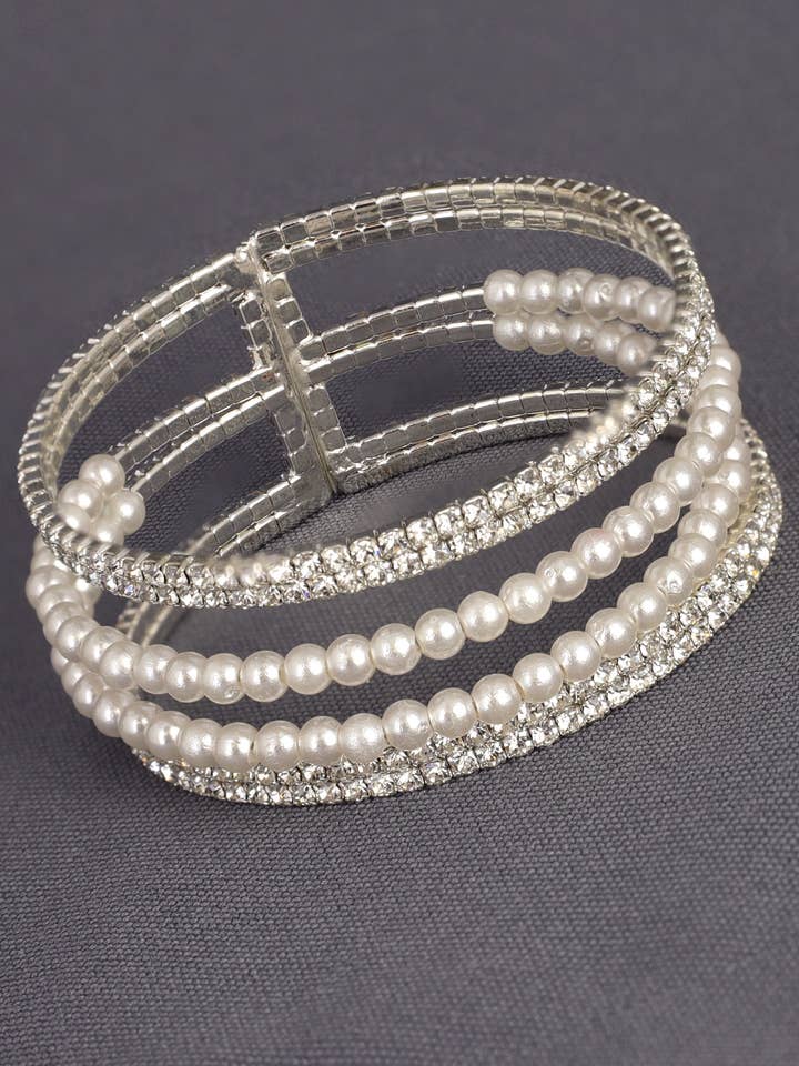 Rhinestone Pave & Pearls Multi Layer Bridal Cuff Bracelet for wholesale by SP Sophia Collection