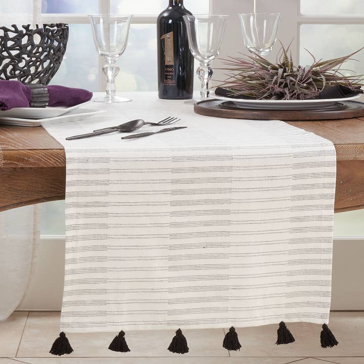 Fennco Styles - Wholesale Table Runner - Black-White Striped Tassel Cotton 16"x72" Table Runner