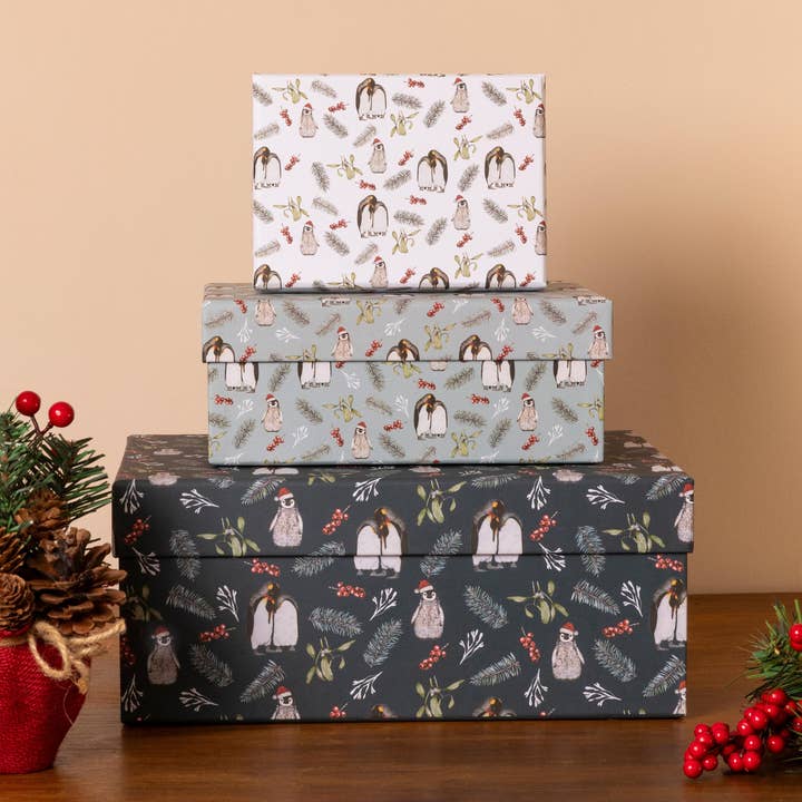 Christmas 2025 Gift Box 3 with Tags Penguins Navy White Blue for wholesale by Penny Kennedy Ltd