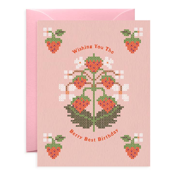 Strawberry Cross-Stitch, Pink | Birthday Card | Fruit & Food for wholesale by O.O.M.F. Creative