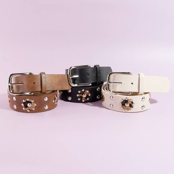 Cheetah Patch Studded Vegan Leather Belt for wholesale by Collections by Fame Accessories