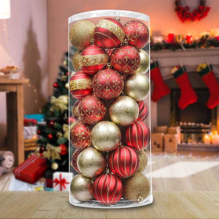 Charming Set of 35 Red and Gold Color Ornament Baubles for wholesale by OrnamentallyYou