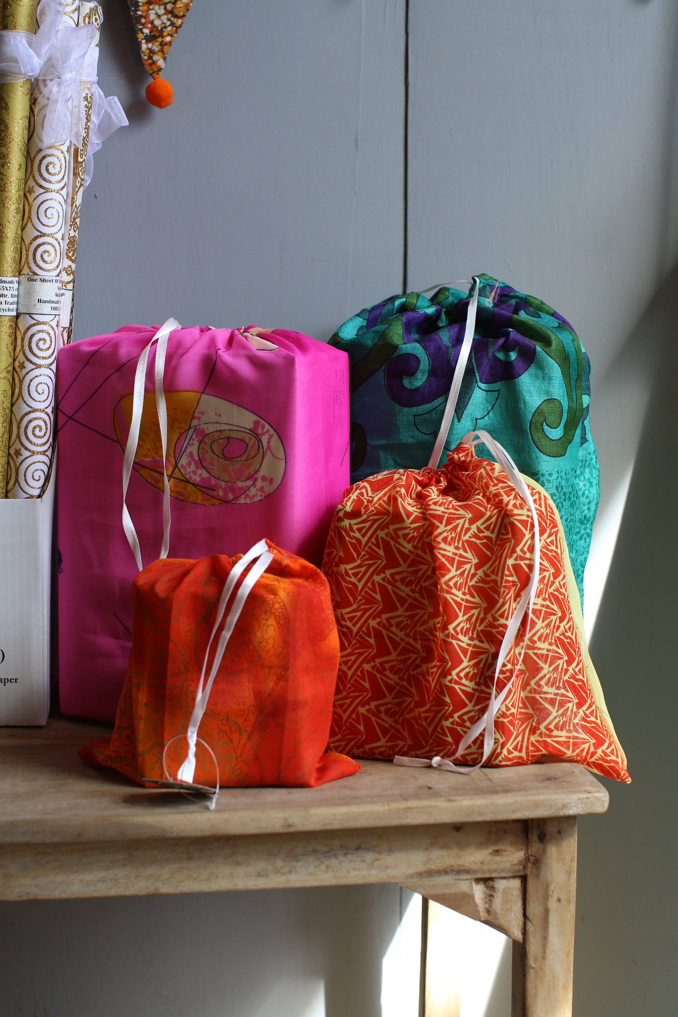 The India Shop – wholesale Gift bag set/pack – Set of 4 Recycled Sari Gift Bags2