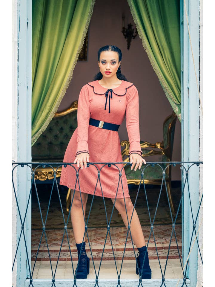 Black Flamingo - Wholesale Dress - Women's - Emily Dress.Bordeaux knit dress w/baby collar & wave trim