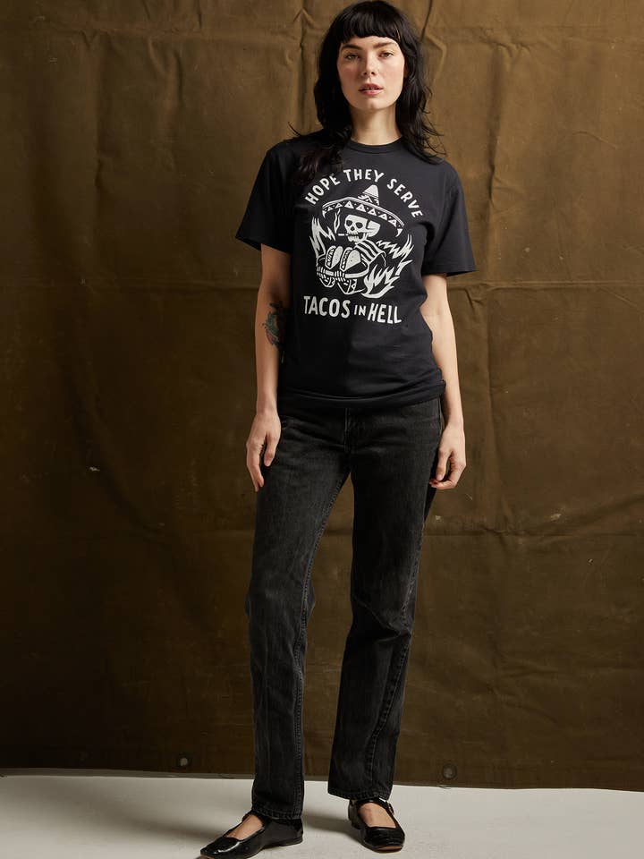 Pyknic – T-shirt estampada - Mulher por atacado – Espero que sirvam tacos na Hell Vintage Western Tee Adultos3