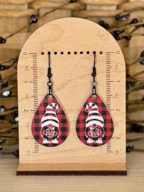 Red Plaid Christmas Gnome Earrings, Laser Engraved Acrylic for wholesale by SHY Designs, LLC
