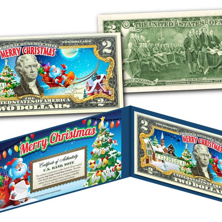 Cute Cartoon Santa Christmas Colorized Two Dollar Bill - Best Stocking Stuffer - Ships Fast! Free To U.S. for wholesale by The Merrick Mint