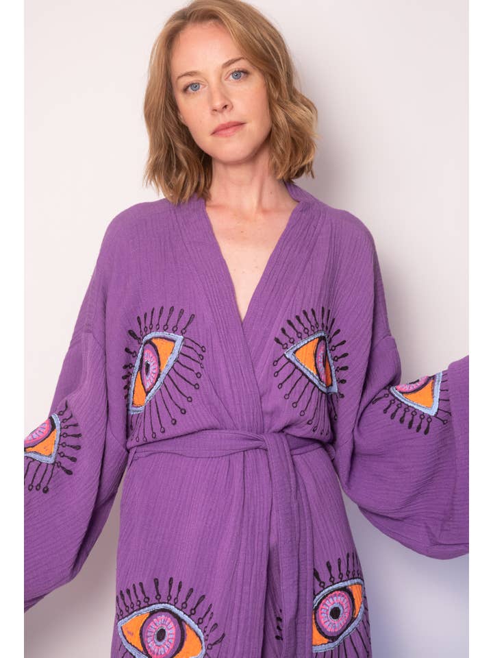 VATCHIO INC. – Großhandel Bademantel – Damen – Bademantel aus Bio-Baumwolle – Augenmuster | Mehrfarbig | Fair Trade