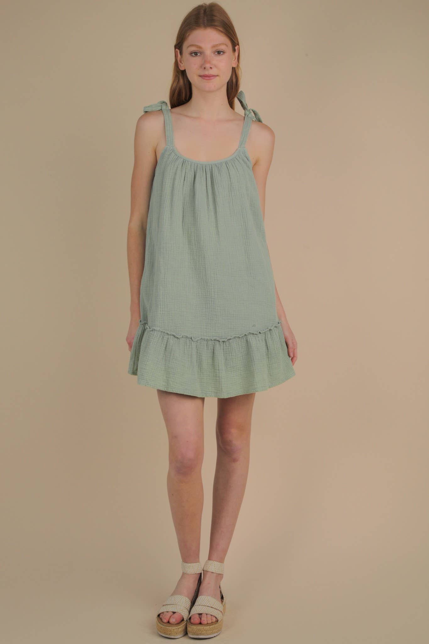 VERY J - Wholesale Dress - Women's - ND31743-Mineral Washed Shoulder Tie Mini Dress2