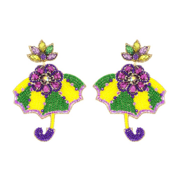 Pumt Mardi Gras Umbrella Post Earrings E11164PUMT for wholesale on Faire