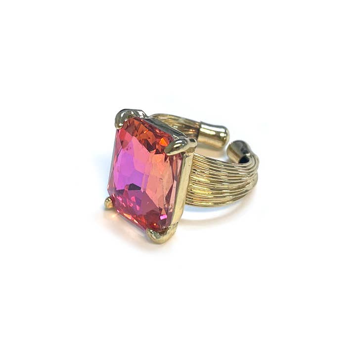 StarryNYC - Wholesale Cocktail/Statement Ring - Square Glass Cushion Cut Cocktail Adjustable Wire Ring