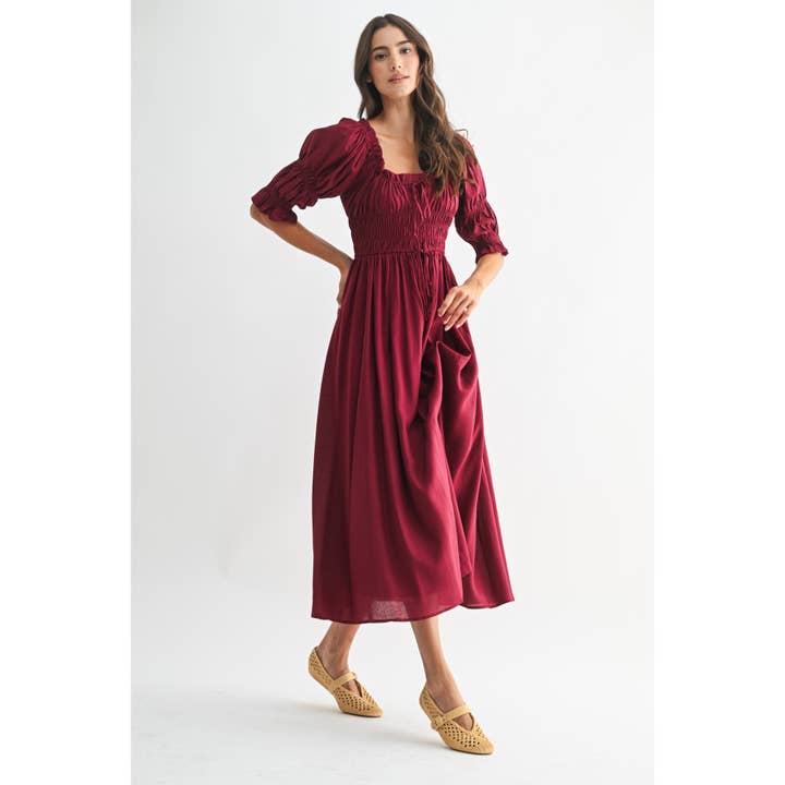 BORDEAUX OFF-SHOULDER GESMOKTE MIDI-JURK MET PLOOIENROK voor groothandel op Faire7