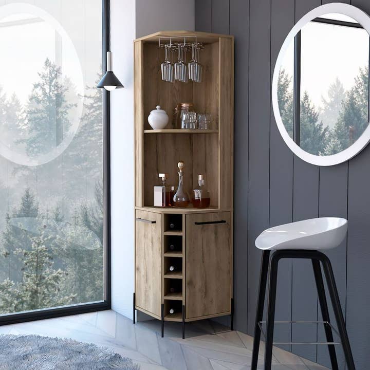 Shopron Corner Bar Cabinet, 5 Wine Cubbies, Macadamia Finish for wholesale by Treevol Furniture