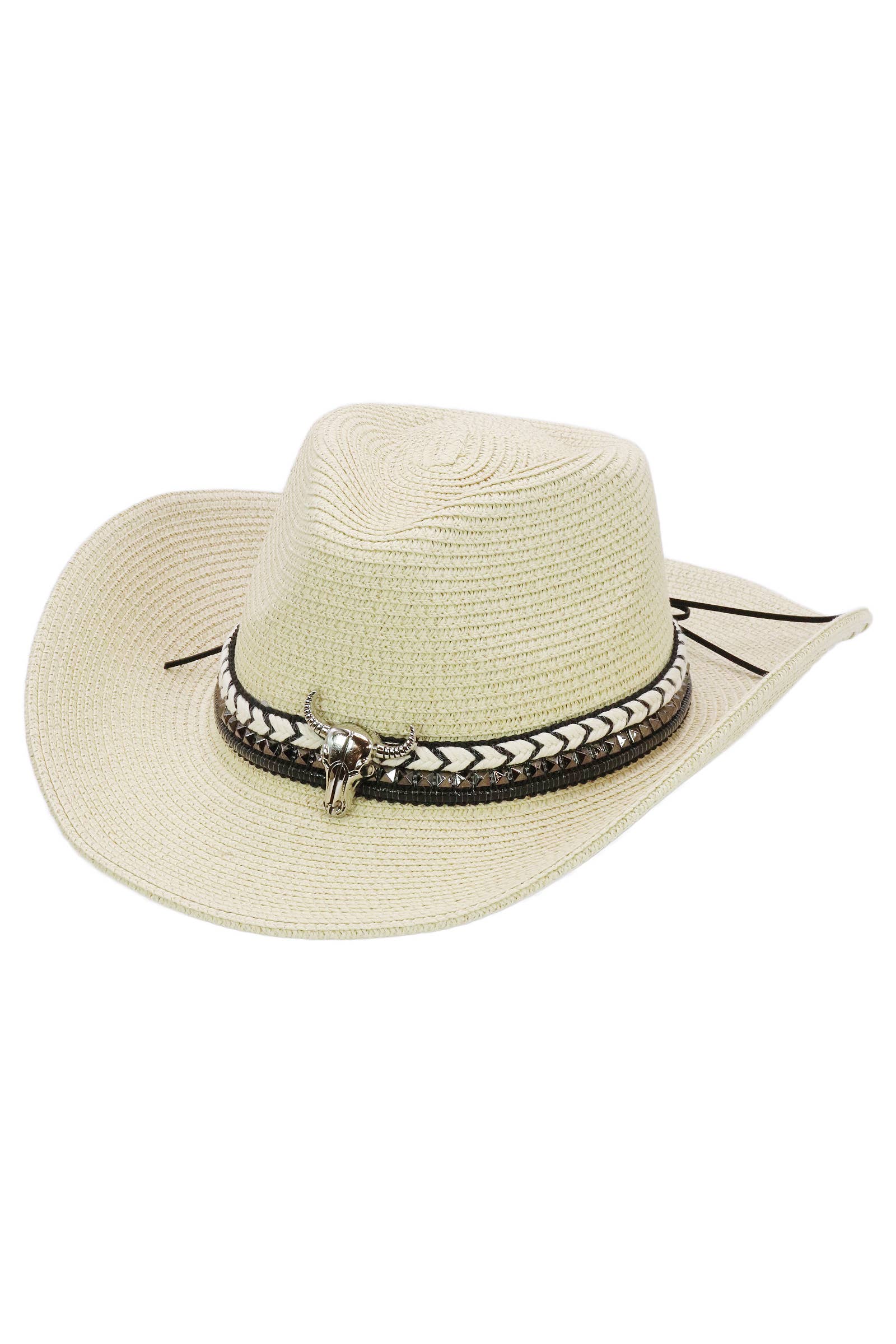 Cap Zone - Wholesale Cowboy Hat - Women's - Buffalo Skull Studs Braided Belt Straw Cowboy Hat0