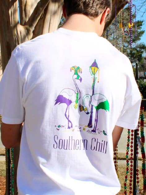 Mardi Gras Flamingos Short Sleeve Tee for wholesale by Southern Chill