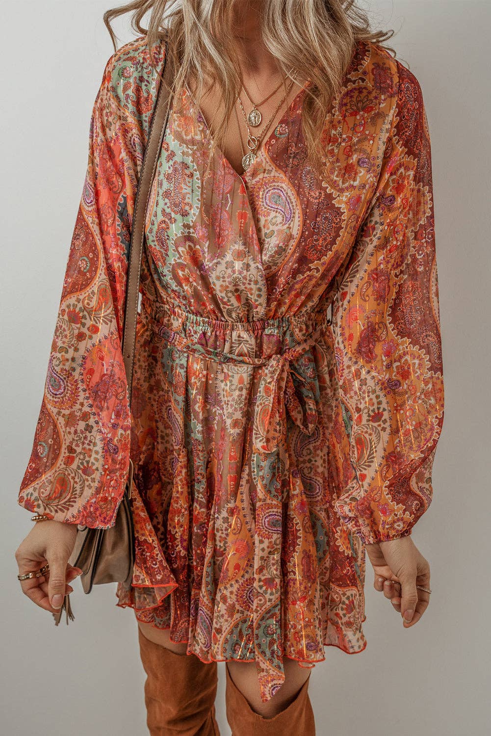 Orange Boho Paisley Print Long Sleeve Pleated Belted Mini Dress for wholesale on Faire2
