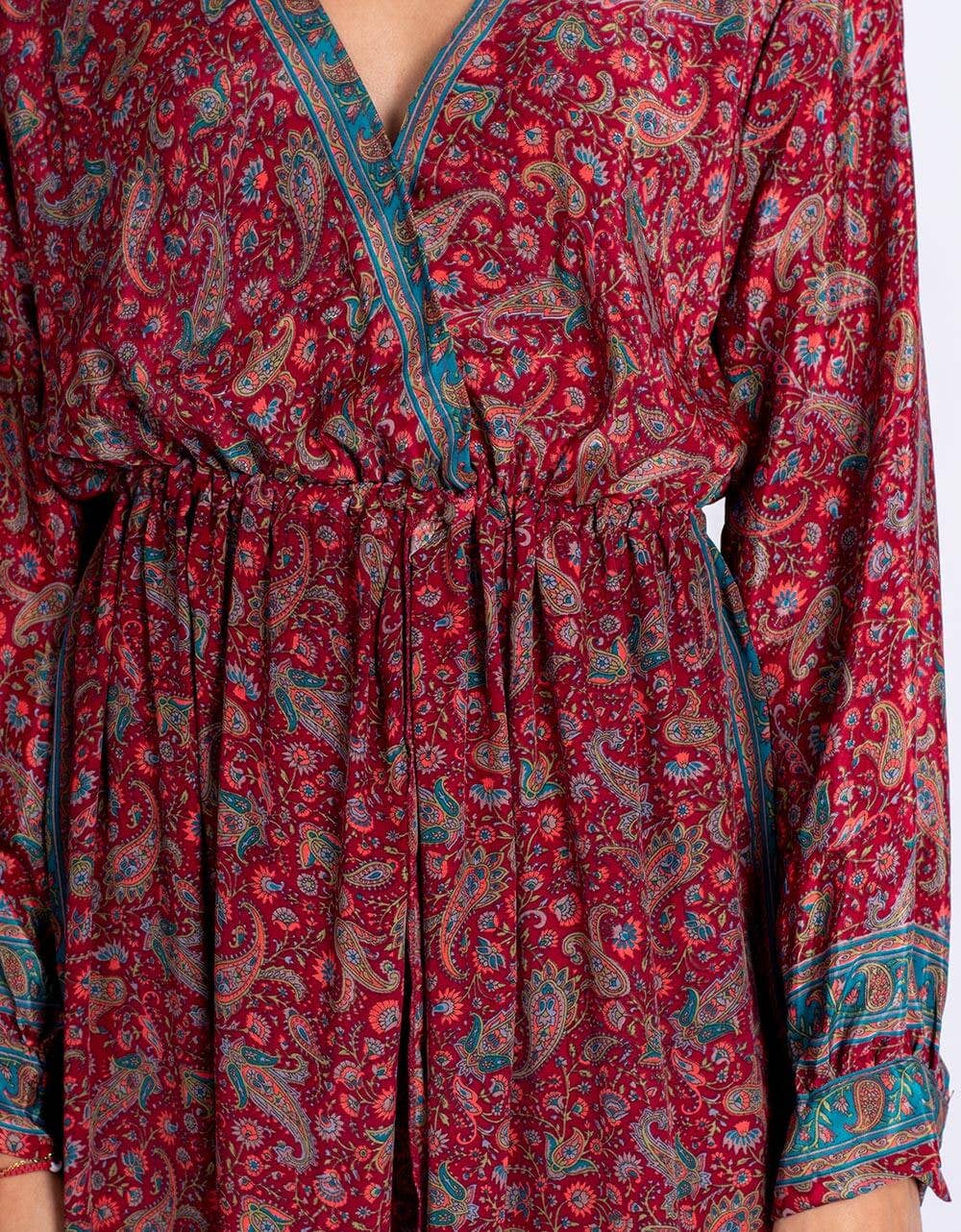 Kimago Look - Vente Robe – femme - Robe longue style bohème en soie bordeaux à imprimé cachemire avec fente3