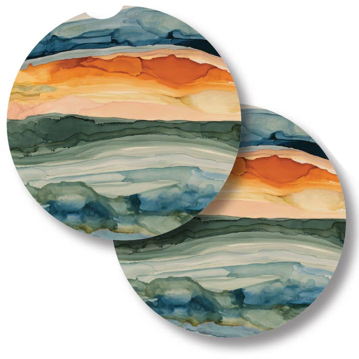 "Watercolor Sunrise" 2pk Absorbent Stone Car Coasters for wholesale by Conimar Promotions