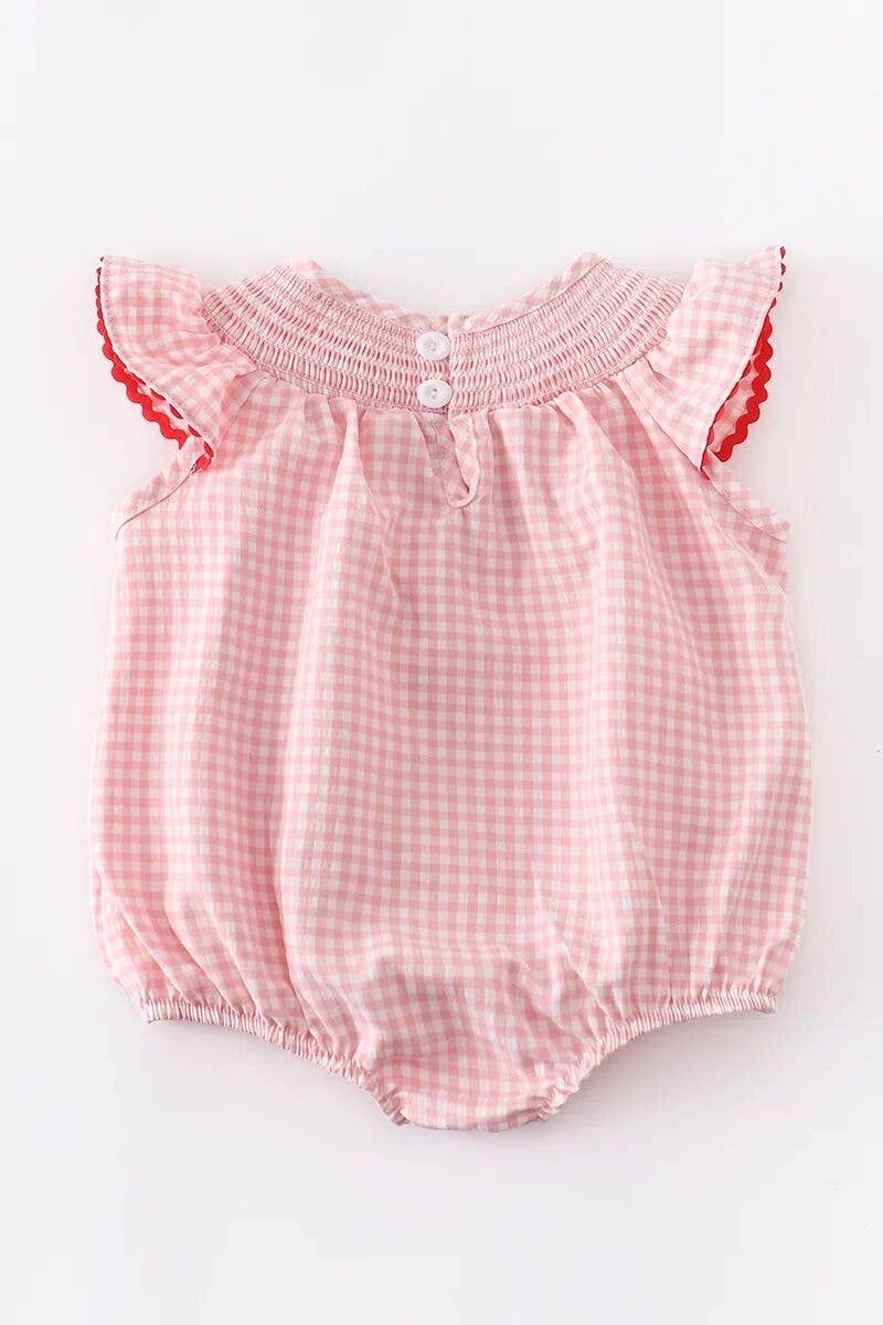 Little Trendy - Wholesale Jumpsuit - Baby - Baby pink check smocked strawberry bubble romper jumpsuit3