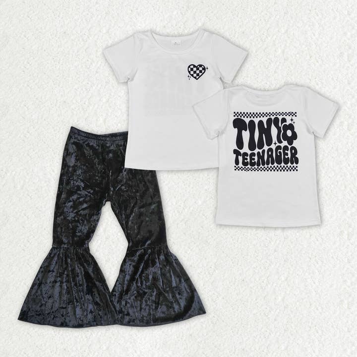 Ensemble de vêtements pour bébé fille : haut de chemise d'adolescente minuscule, pantalon évasé en velours noir. pour la vente par Aier Wholesale