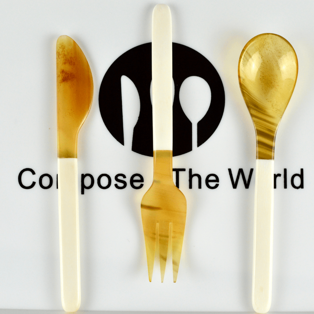 Luala Silk – wholesale Blandat bestickset – Buffalo Horn Bestick Set - sked gaffel och smör kniv-vit/Blond0