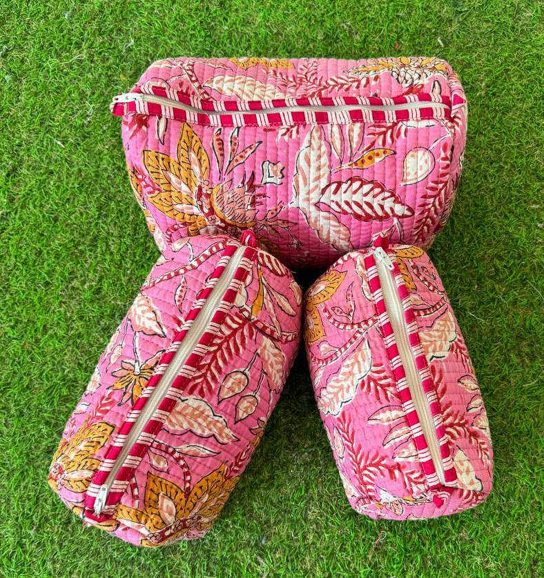 bhavnas boutique - Venta al por mayor Bolsa para maquillaje - Bolsa de maquillaje acolchada mediana con estampado de bloques, bolsas para cosméticos 0