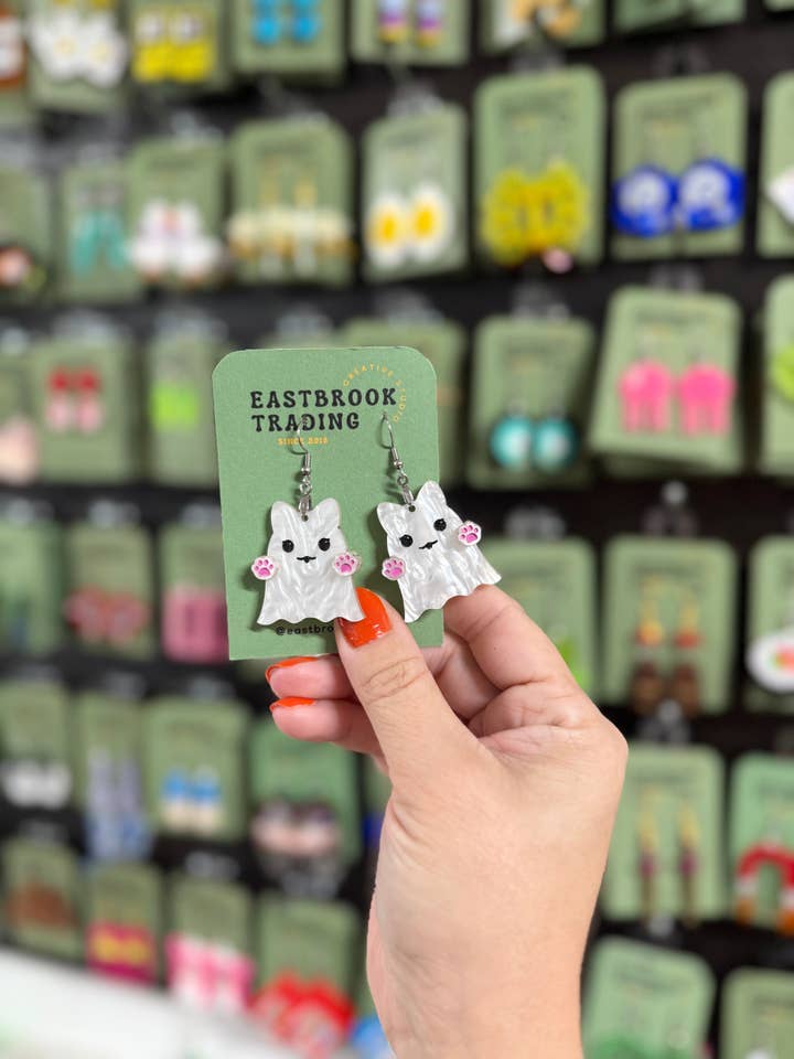 Cute cat ghost earrings for wholesale by Eastbrook Trading