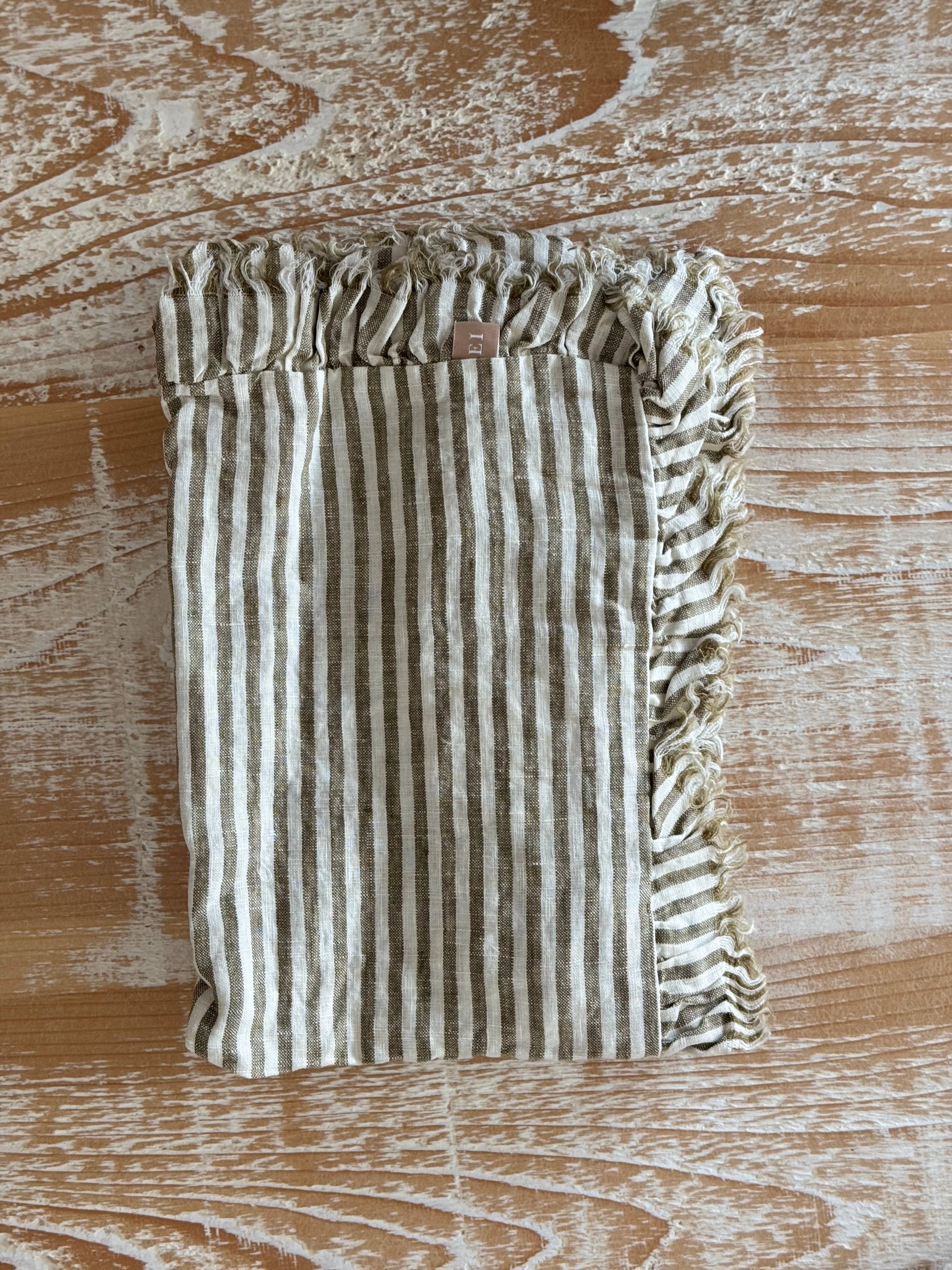 Ellenvale Trade – wholesale Table runner – Olive Stripe Ruffle Table Runner1