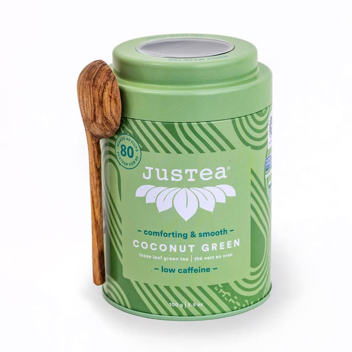 JusTea (No Import Fees to USA) - Wholesale Loose Tea - Coconut Green Tin & Spoon - Organic, Fair-Trade, Green Tea0