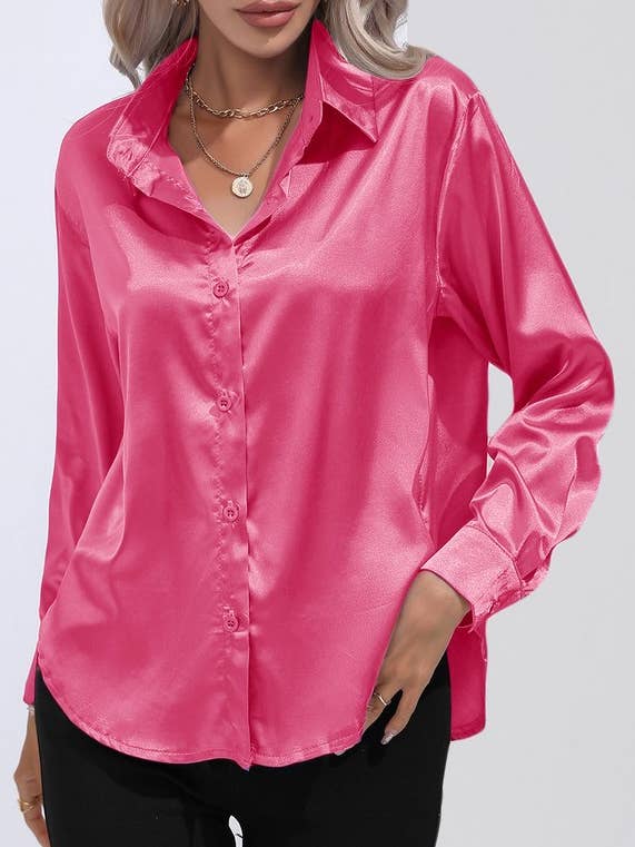 NINEXIS - Wholesale Button Down Shirt - Women's - CWTBLL0690_Button Down Silky Satin Long Sleeve Top1