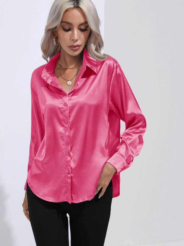 CWTBLL0690_Button Down Silky Satin Long Sleeve Top for wholesale by NINEXIS