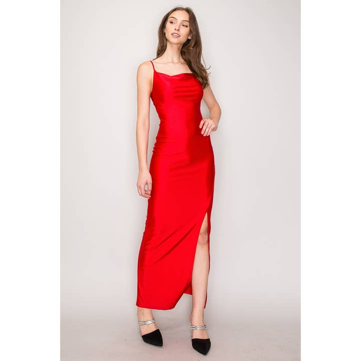 Popular 21 - Wholesale Dress - Women's - Cowl neck Sleeveless Slit Casino Tricot Maxi Dress